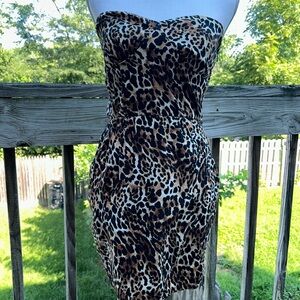 Strapless leopard print mini dress